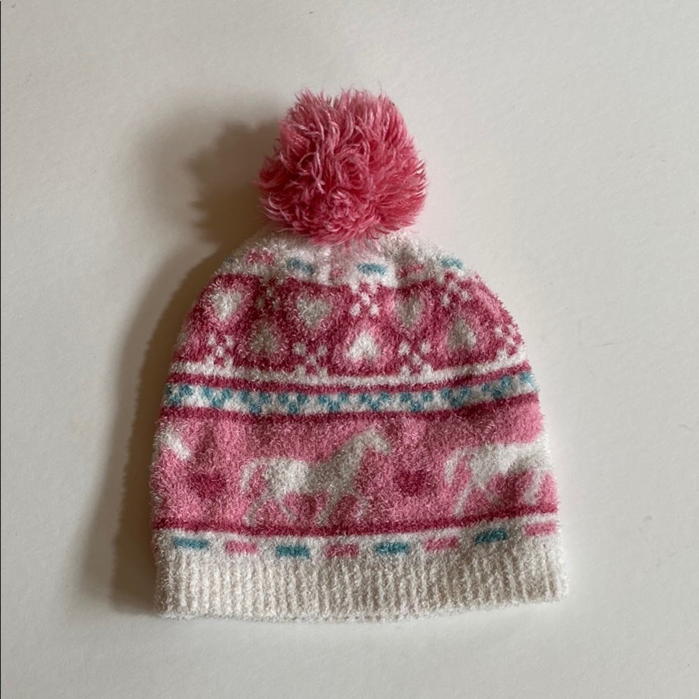 Kids Pink and White Knit Beanie with Pom Pom